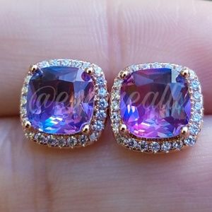 Rose Gold Purple Rainbow Diamond Halo Earrings
